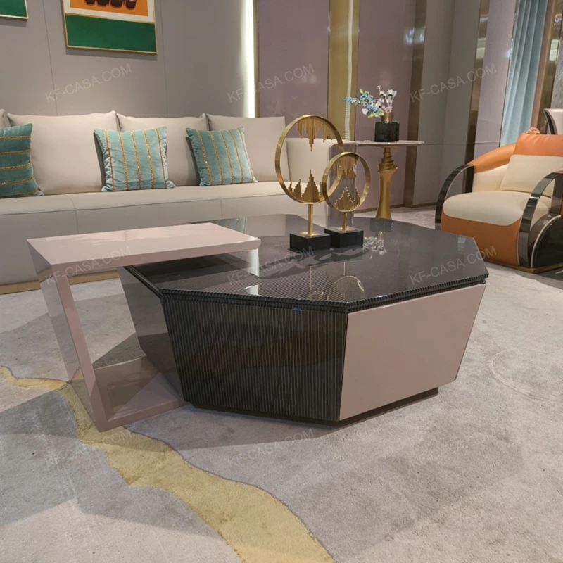 Contemporary Geometric Coffee Table with Carbon Fiber-Effect Top and Contrasting Accent